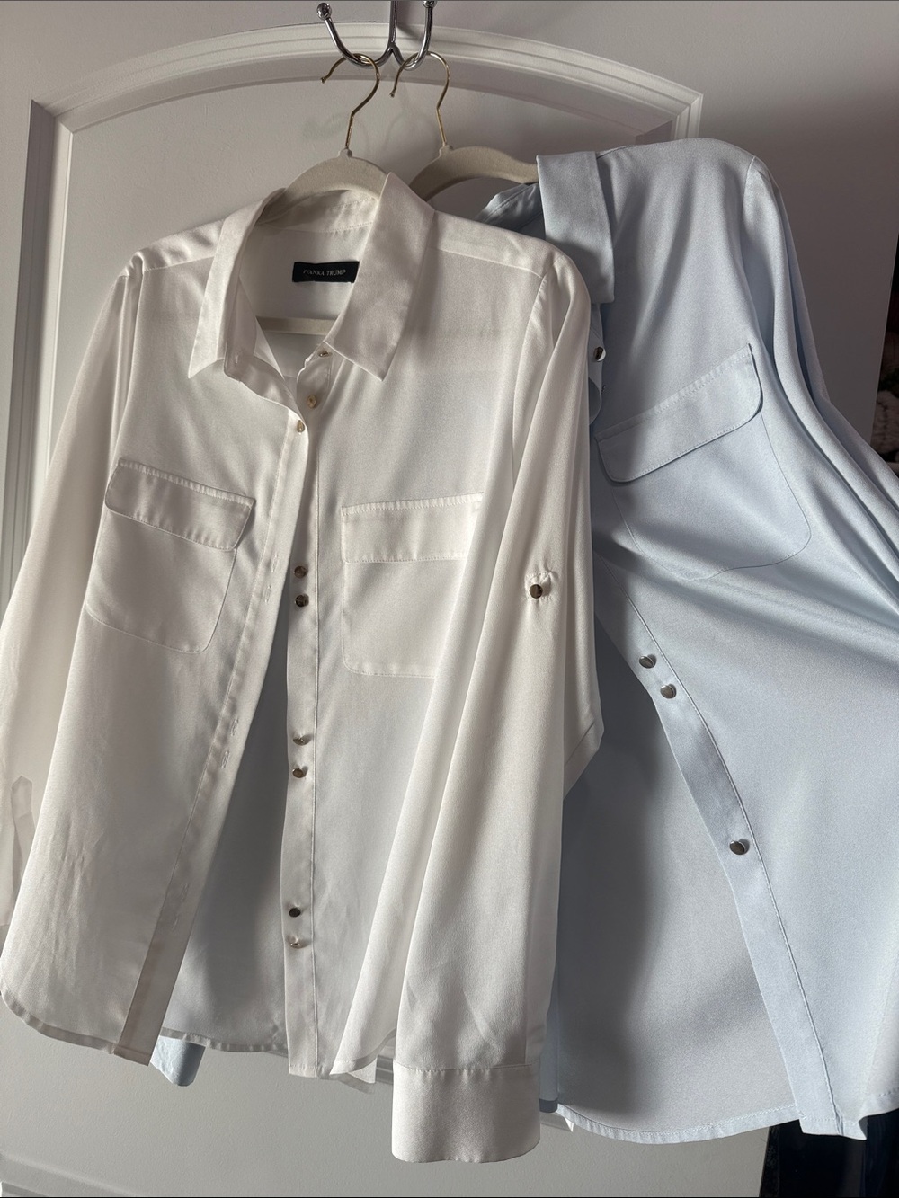 Ivanka Trump White and Light Blue Button-Down Blouses